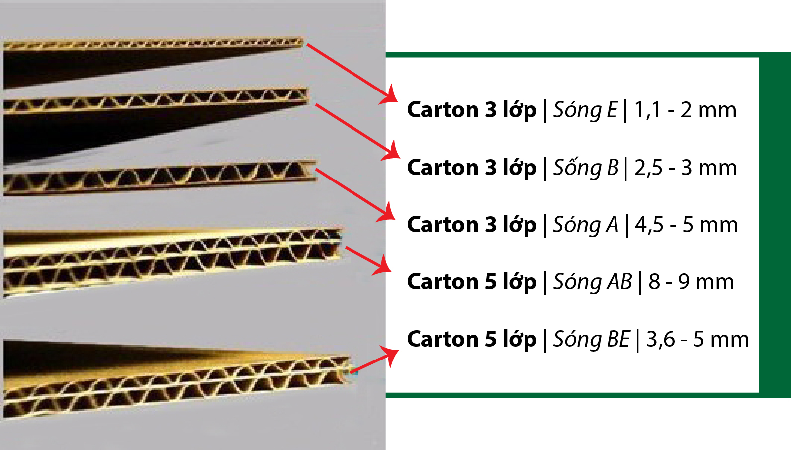 Các lớp sóng của giấy carton dùng để sản xuất thùng carton