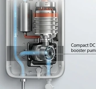 Hệ thống bơm trợ lực trên máy nước nóng trực tiếp Toshiba giúp nước chảy mạnh mẽ êm ái