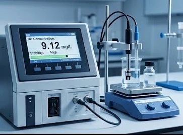 Chuyên gia sử dụng máy đo oxy trong nước để bàn phân tích mẫu nước thí nghiệm
