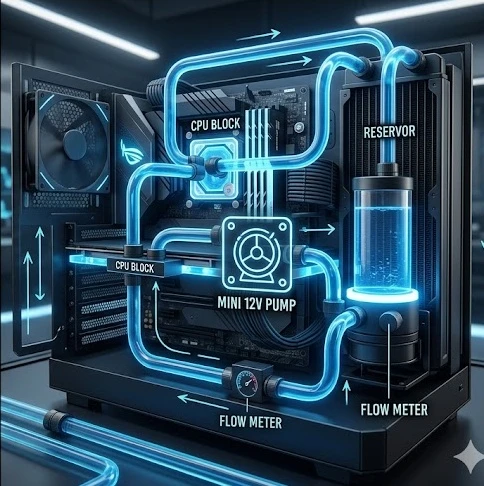 Ứng dụng máy bơm nước nóng mini 12V trong hệ thống tản nhiệt nước làm mát.