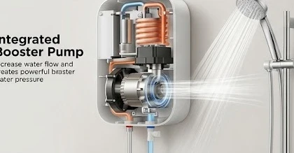 Hình ảnh mô phỏng vai trò của bơm trợ lực trong máy nước nóng