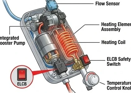 Cấu tạo chi tiết máy nước nóng trực tiếp có bơm trợ lực hiện đại