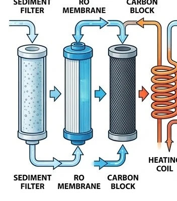 Sơ đồ cơ chế vận hành thông minh của máy lọc nước nóng lạnh gia đình.