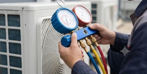 Kỹ sư điện lạnh kiểm tra áp suất gas máy lạnh bị đóng đá