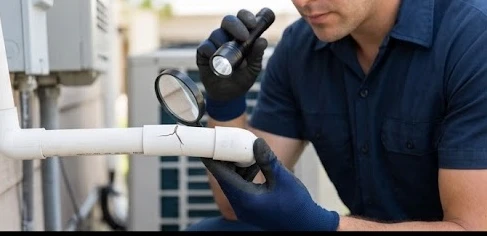 Kỹ thuật viên kiểm tra đường ống thoát nước điều hòa bị hỏng hoặc nứt vỡ