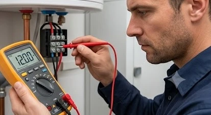 Kỹ thuật viên đo đạc điện trở để phát hiện sự cố rò rỉ điện máy nóng.