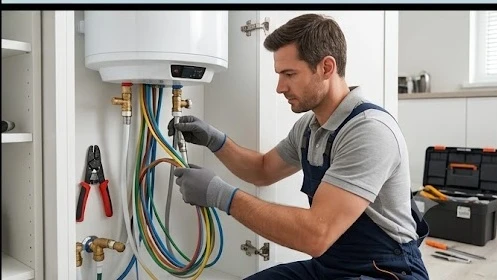 Kỹ thuật viên đang kiểm tra lắp đặt máy nước nóng Panasonic đảm bảo tiêu chuẩn an toàn kỹ thuật