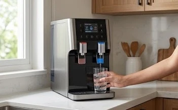 Máy lọc nước nóng lạnh hiện đại trong không gian bếp sang trọng