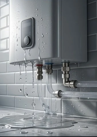 Bình tắm nóng lạnh bị rỉ nước liên tục xuống sàn nhà tắm gây nguy hiểm