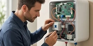 Thợ sửa chữa chuyên nghiệp kiểm tra bo mạch máy nước nóng Ariston