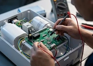 Chuyên viên kỹ thuật đang kiểm tra mạch điều khiển của máy lọc nước bị hỏng.