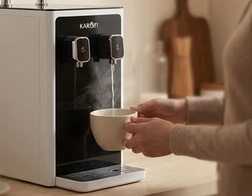 Người dùng lấy nước nóng và nước nguội tiện lợi từ máy lọc nước Karofi KAH-D18