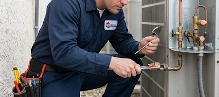 Kỹ thuật viên đang kiểm tra và xử lý cục nóng máy lạnh bị chảy nước